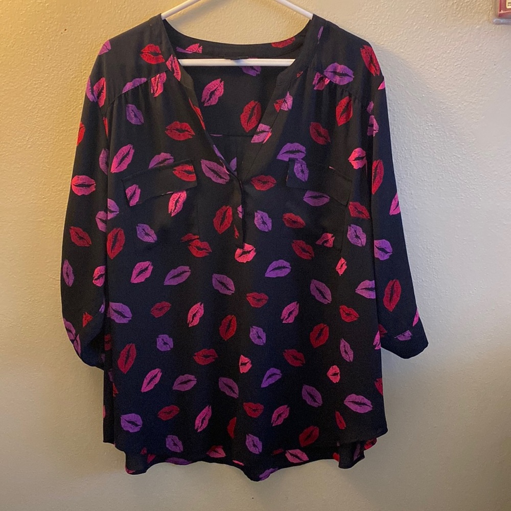 Black sheer blouse with pink and purple kisses